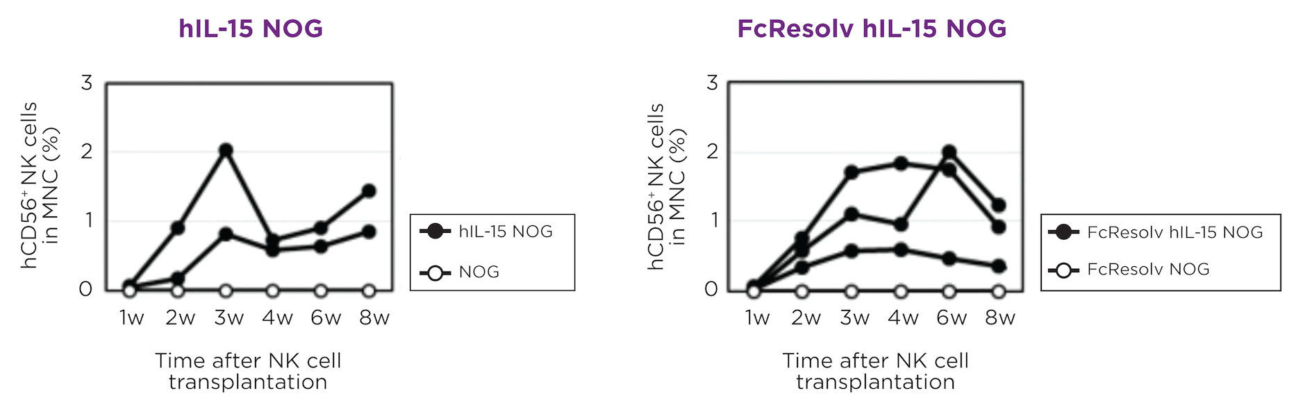 hIL-15 NOG mice support the engraftment of expanded human NK cells with engraftment levels and persistence similar to the base hIL-15 NOG mouse.